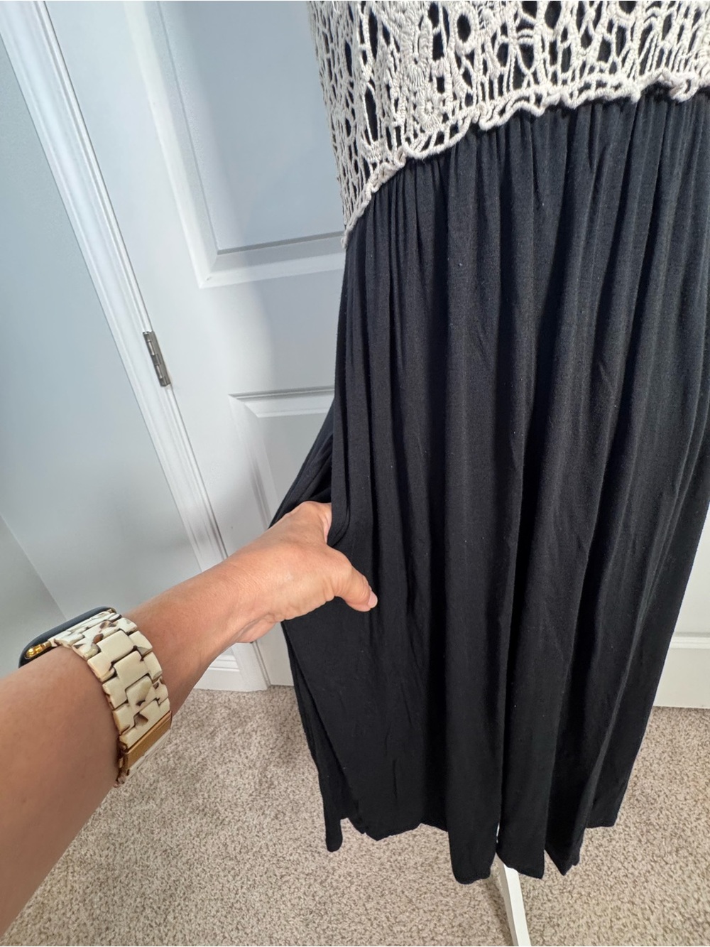 Soma Crochet Lace Maxi Dress M Black Ivory Boho Resort Beach Pockets Stretch - Picture 5 of 9
